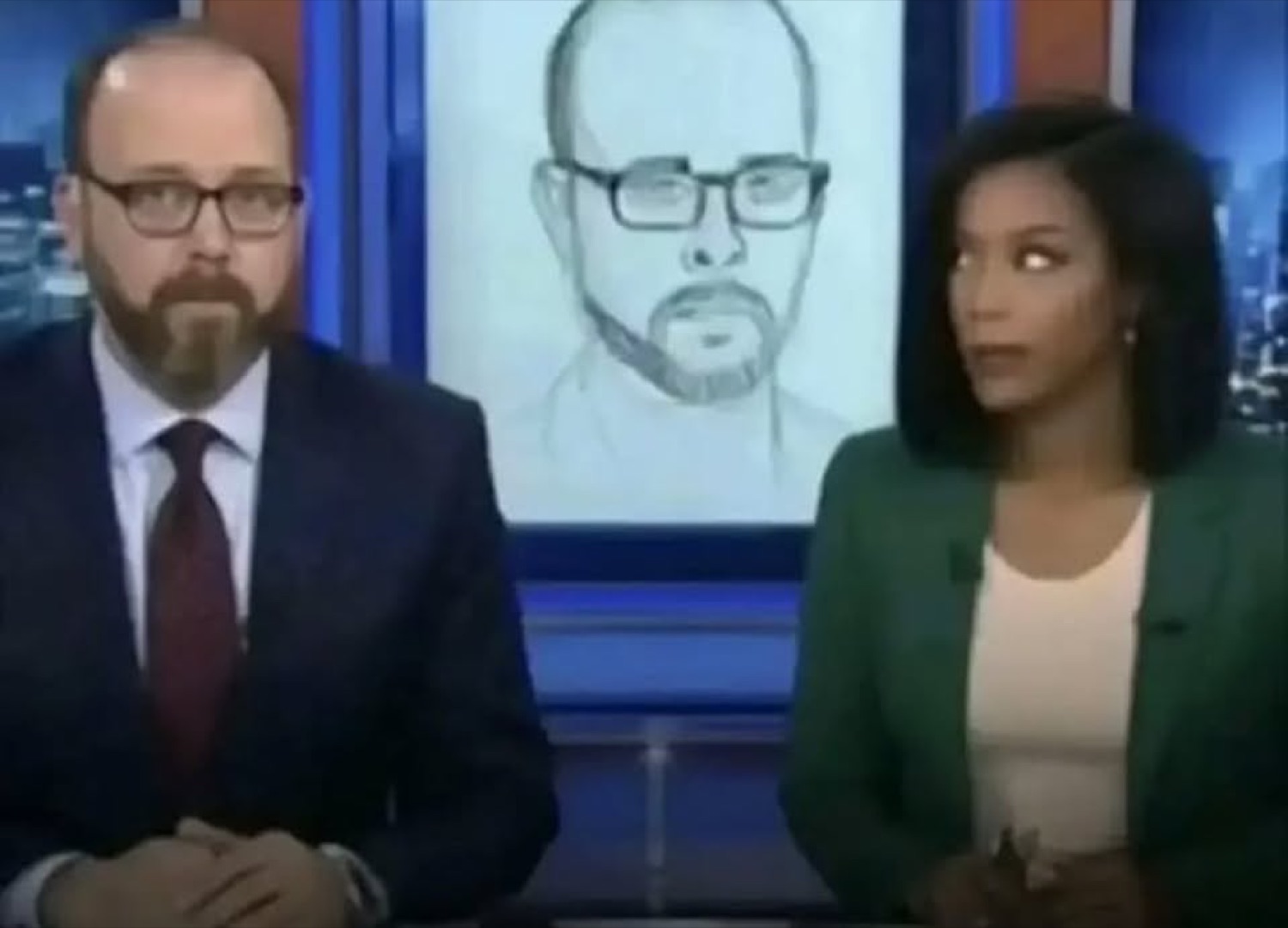 Female news anchor shooting a knowing side-eye at her co-anchor next to a sketch portrait that looks just like him