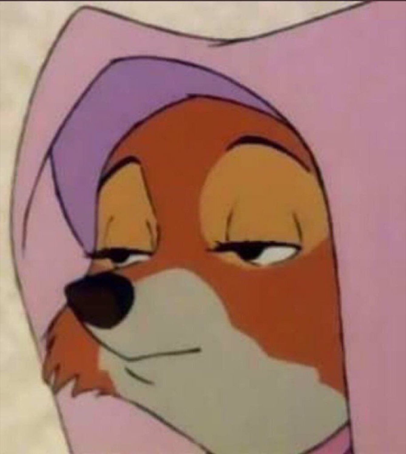 Cartoon fox in a purple veil giving a heavy-lidded, flirty sideways look