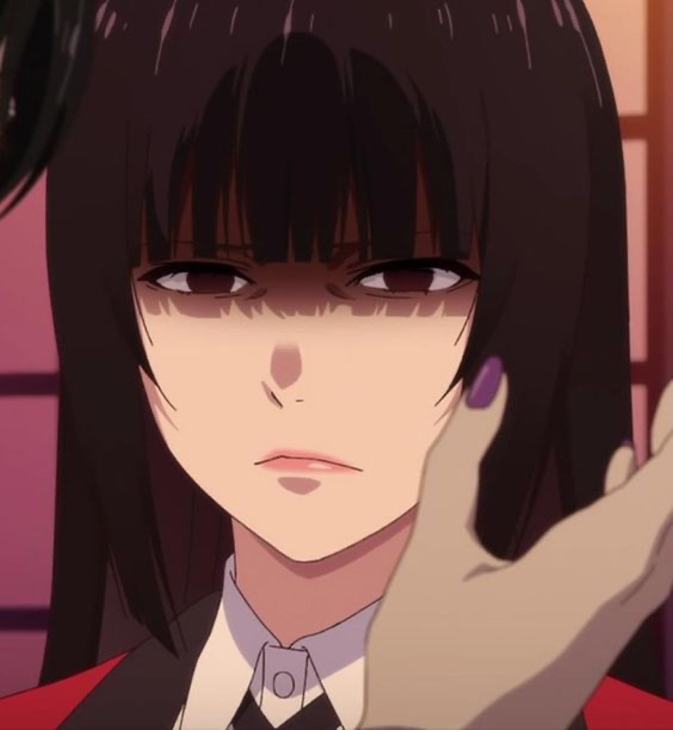 Dark-haired anime girl staring down with a flat, unimpressed glare