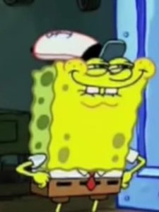 SpongeBob in spy glasses and hat with a wide self-satisfied grin
