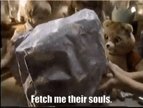 Furry creature emerging from a plastic bag, "Fetch me their souls"