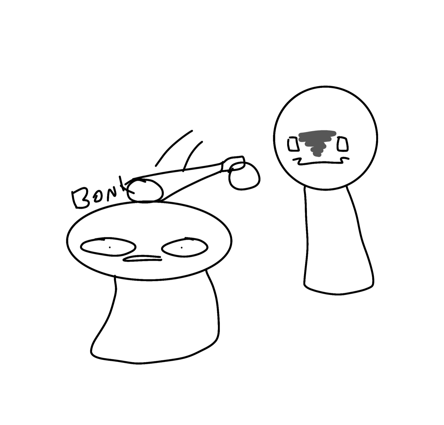 Stick-figure doodle getting bonked while another watches