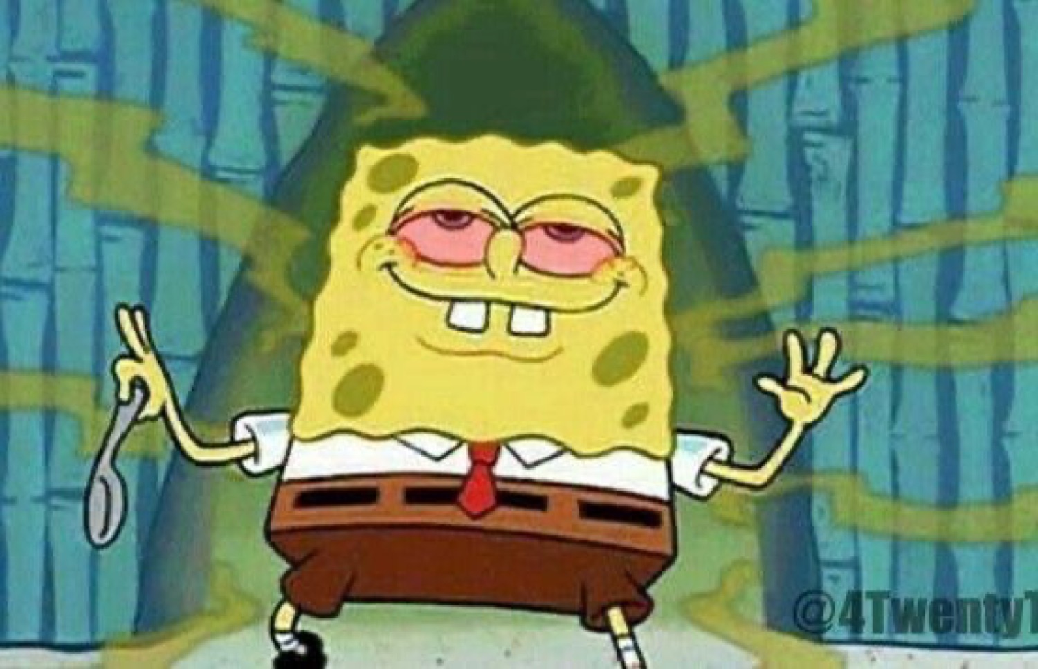 SpongeBob with red half-lidded eyes and a blissed-out grin