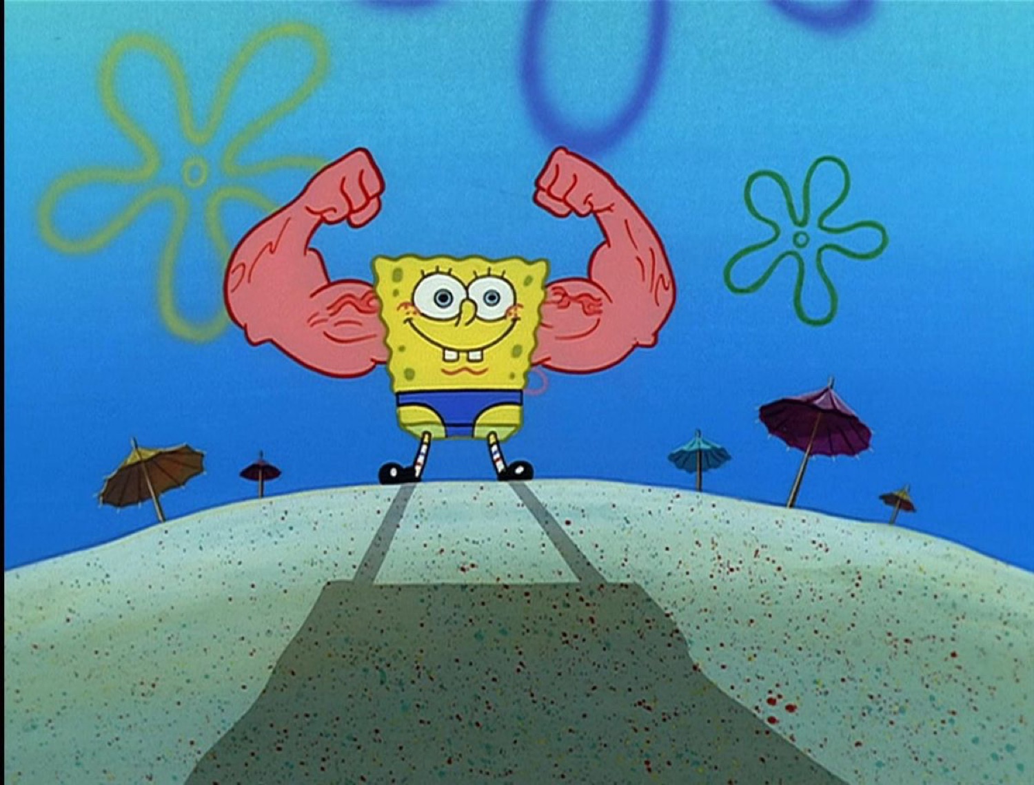 SpongeBob standing with huge imaginary muscle arms