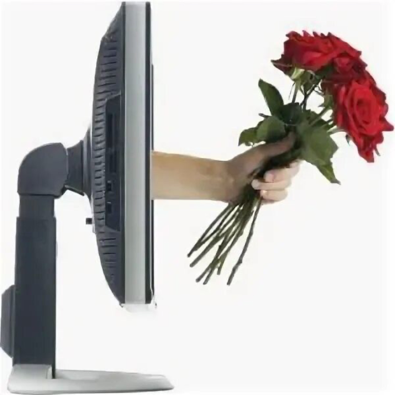 Stock photo of an arm reaching out of a computer monitor holding red roses