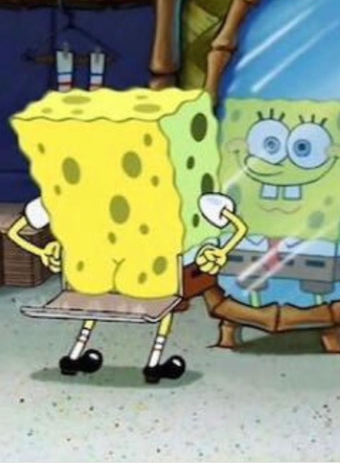 SpongeBob and his reflection shaking it in the mirror