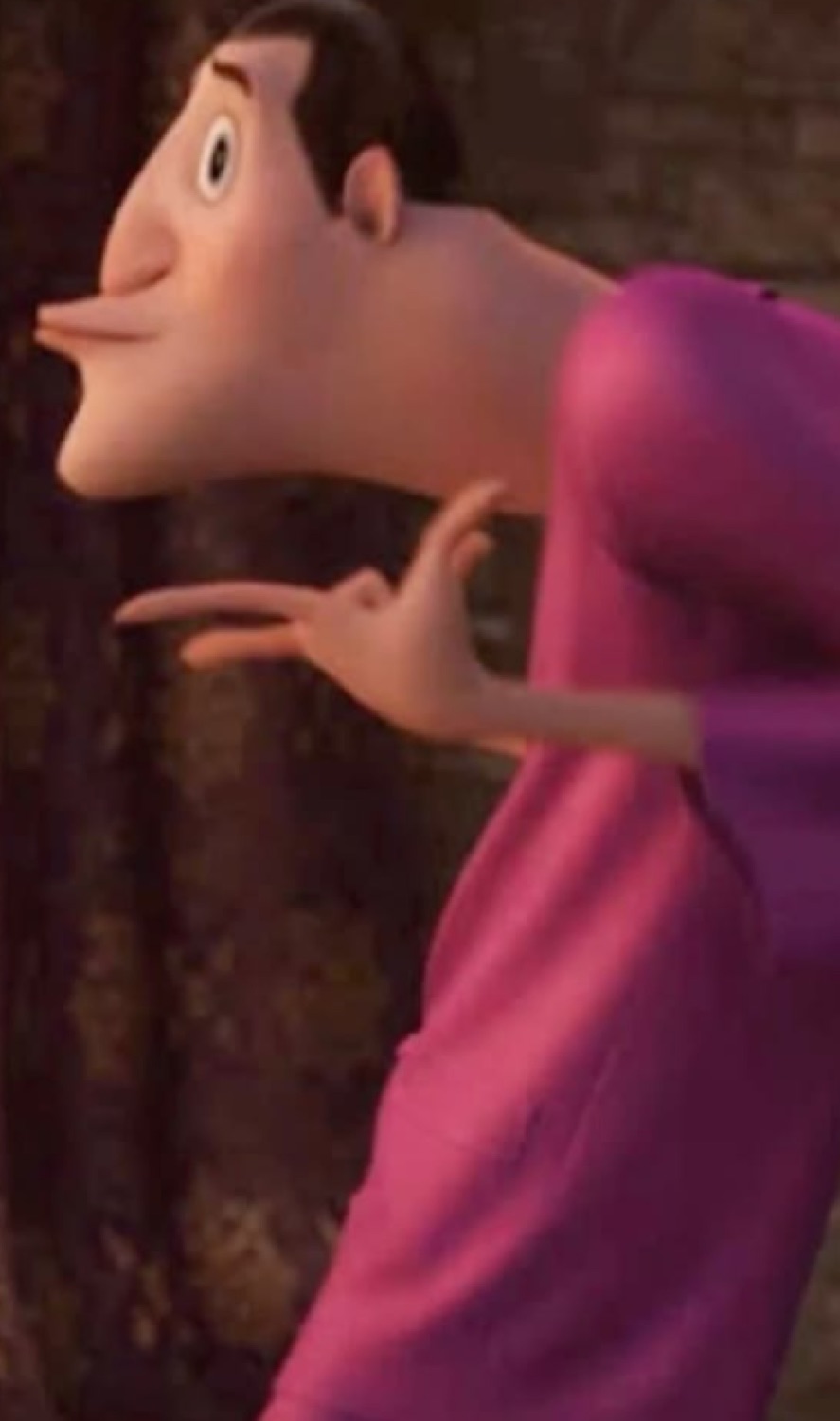 Lanky animated man in a pink robe flicking his hand dismissively