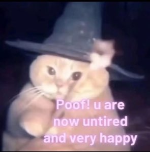 Cat in a wizard hat waving a wand captioned 'Poof! u are now untired and very happy'