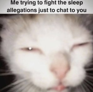 Cream cat with barely open eyes captioned about fighting the sleep allegations