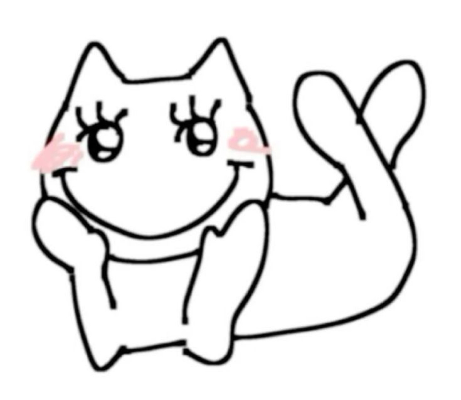 Minimalist line-art cartoon cat lounging with a blushing smile and sparkling eyes