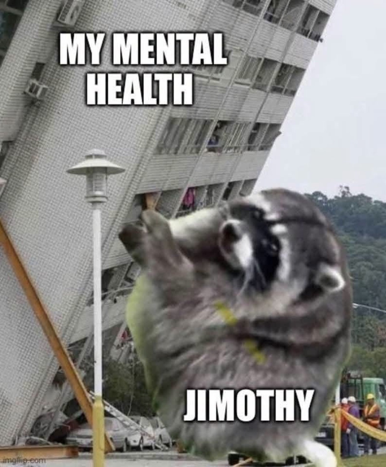 Jimothy the raccoon scurrying past a collapsing building, labeled 'MY MENTAL HEALTH' and 'JIMOTHY'