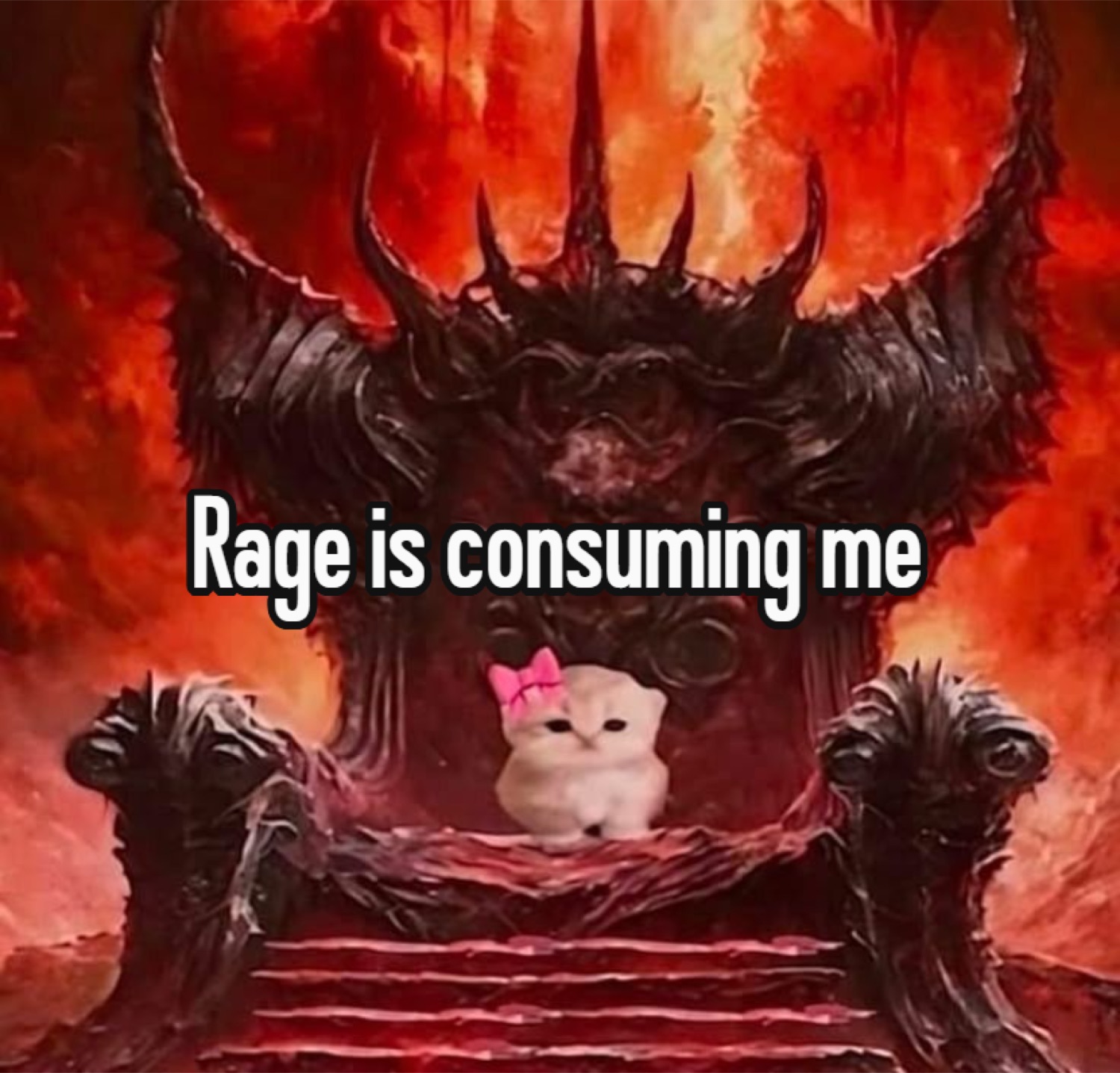Tiny fluffy cat with a pink bow sitting on a dark hellfire throne, 'Rage is consuming me'