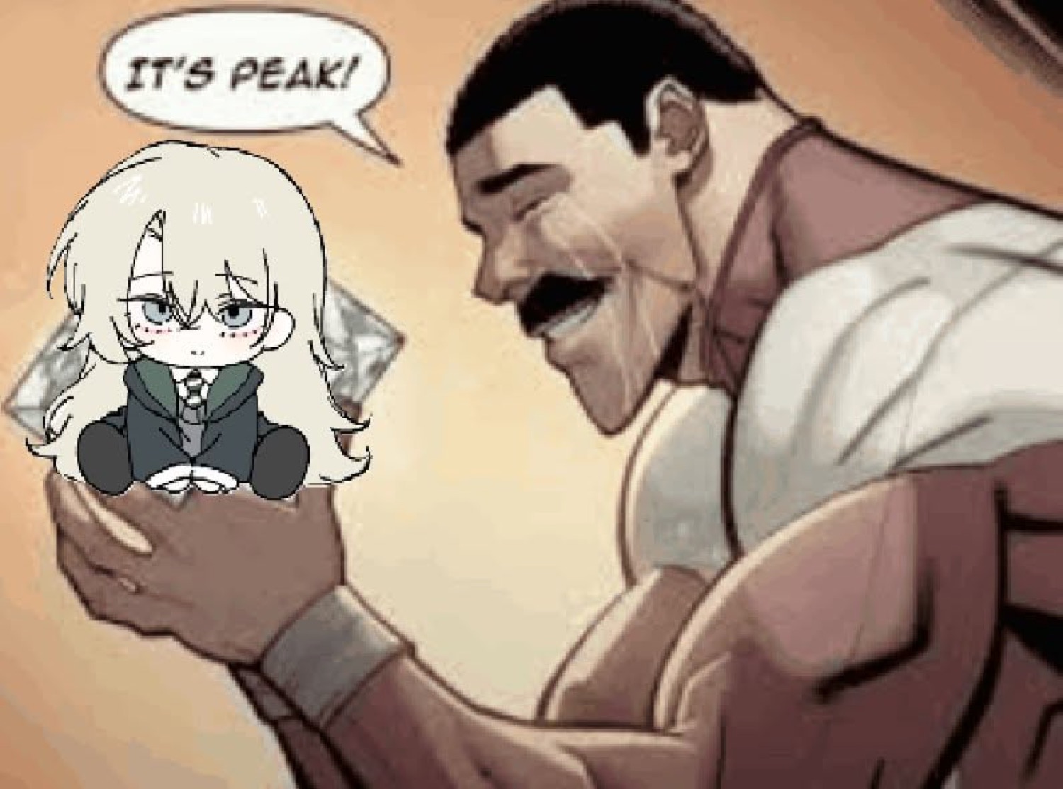 Muscular manga man cradling a chibi Draco Malfoy with a speech bubble 'IT'S PEAK!'