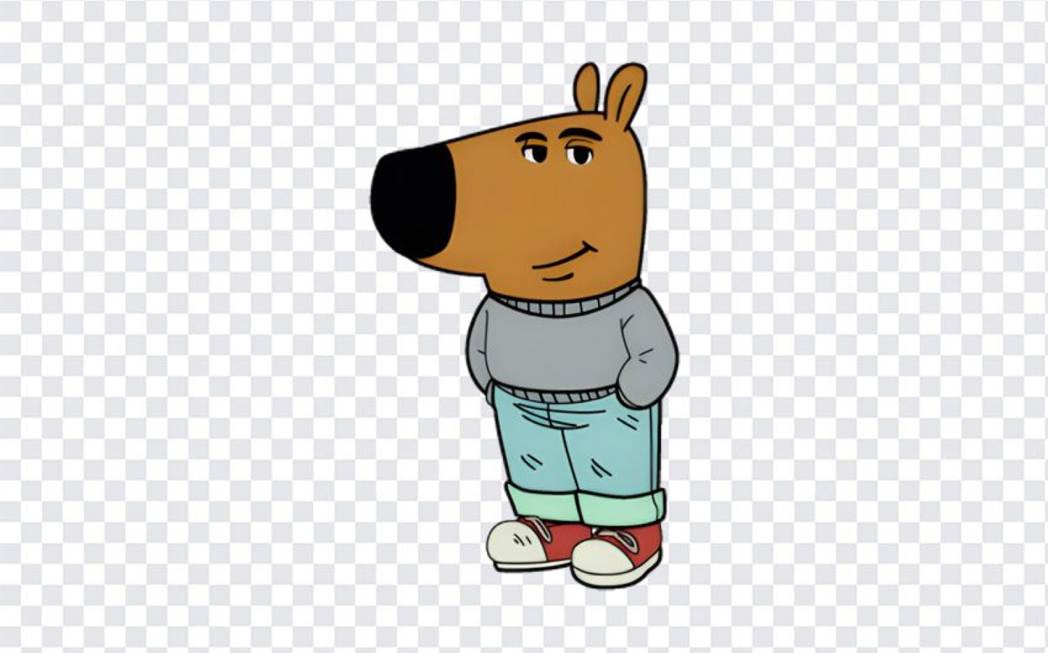 Chill Guy, the cartoon dog in a grey sweater and jeans with his hands in his pockets, smirking