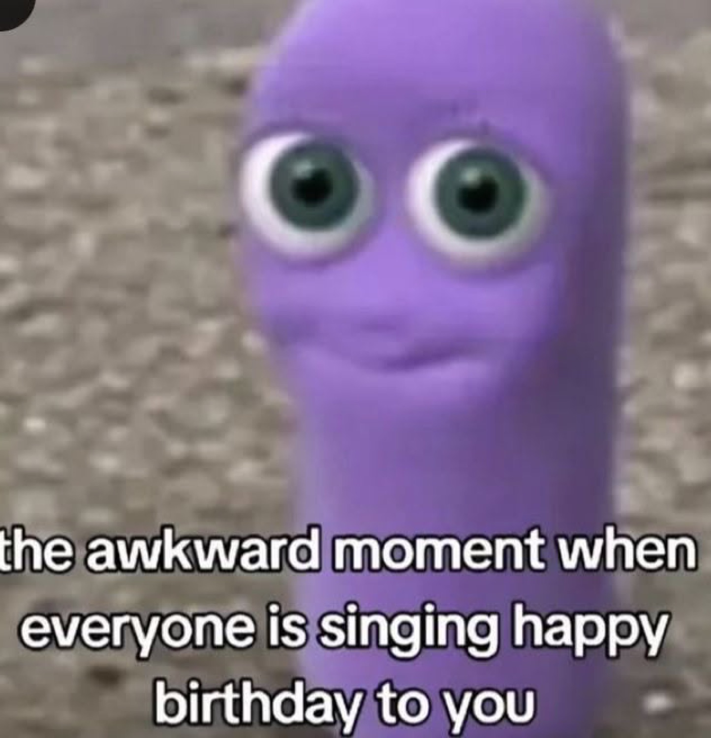 Beanie the purple worm puppet staring: 'the awkward moment when everyone is singing happy birthday to you'
