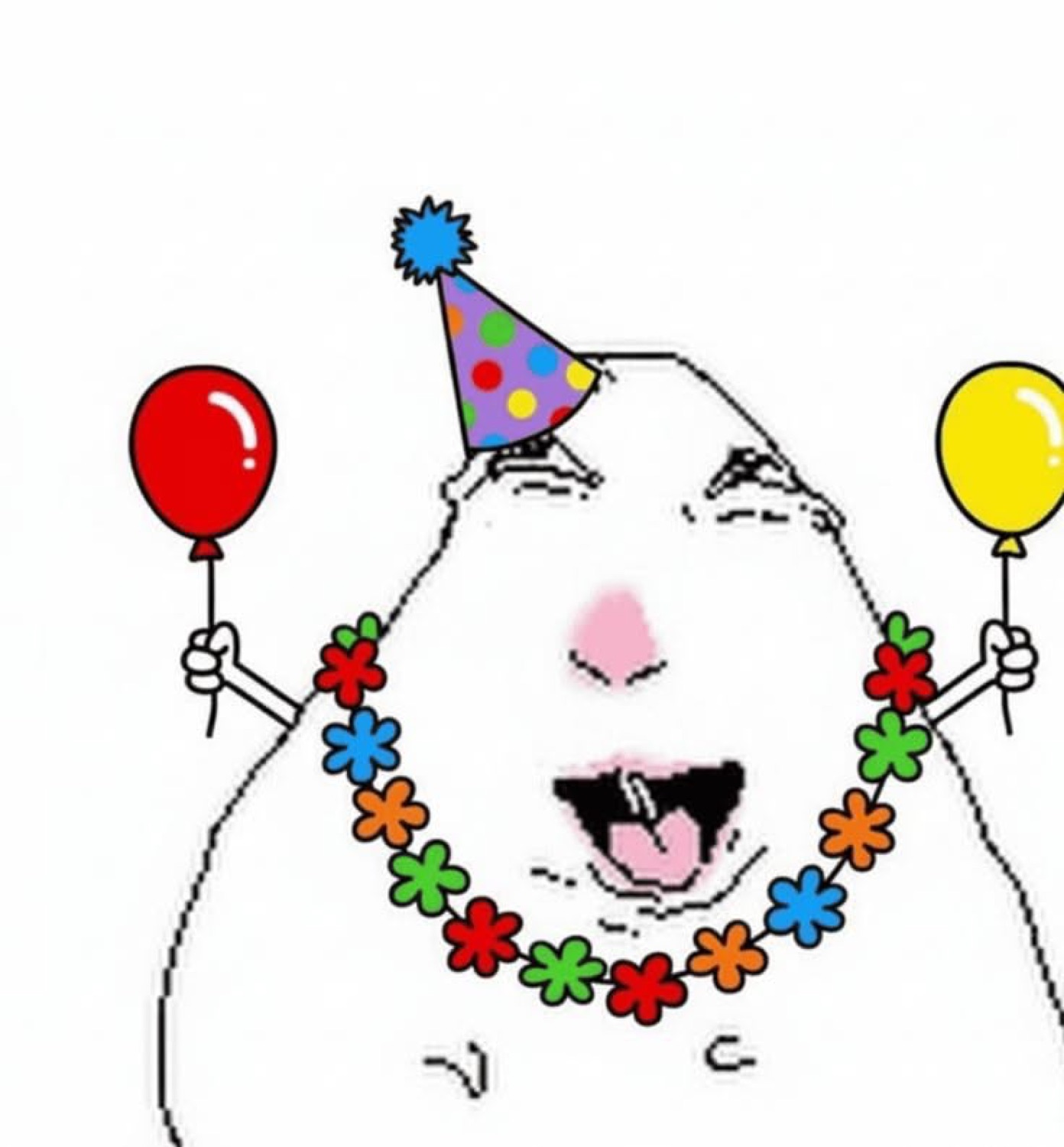 White blob in a party hat with a flower lei and balloons screaming with joy