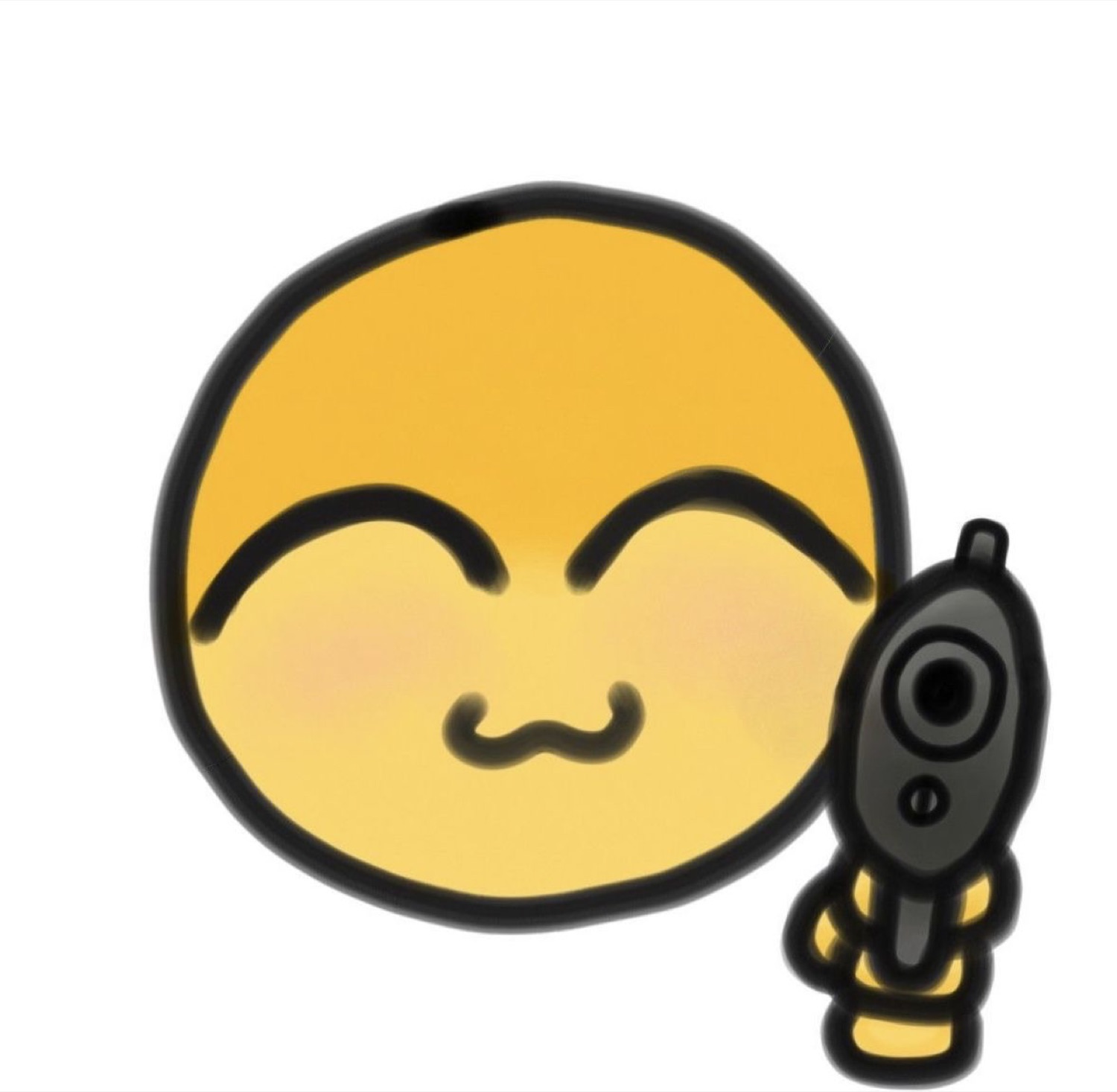 Smug yellow emoji face holding a gun like it has a plan and no regrets