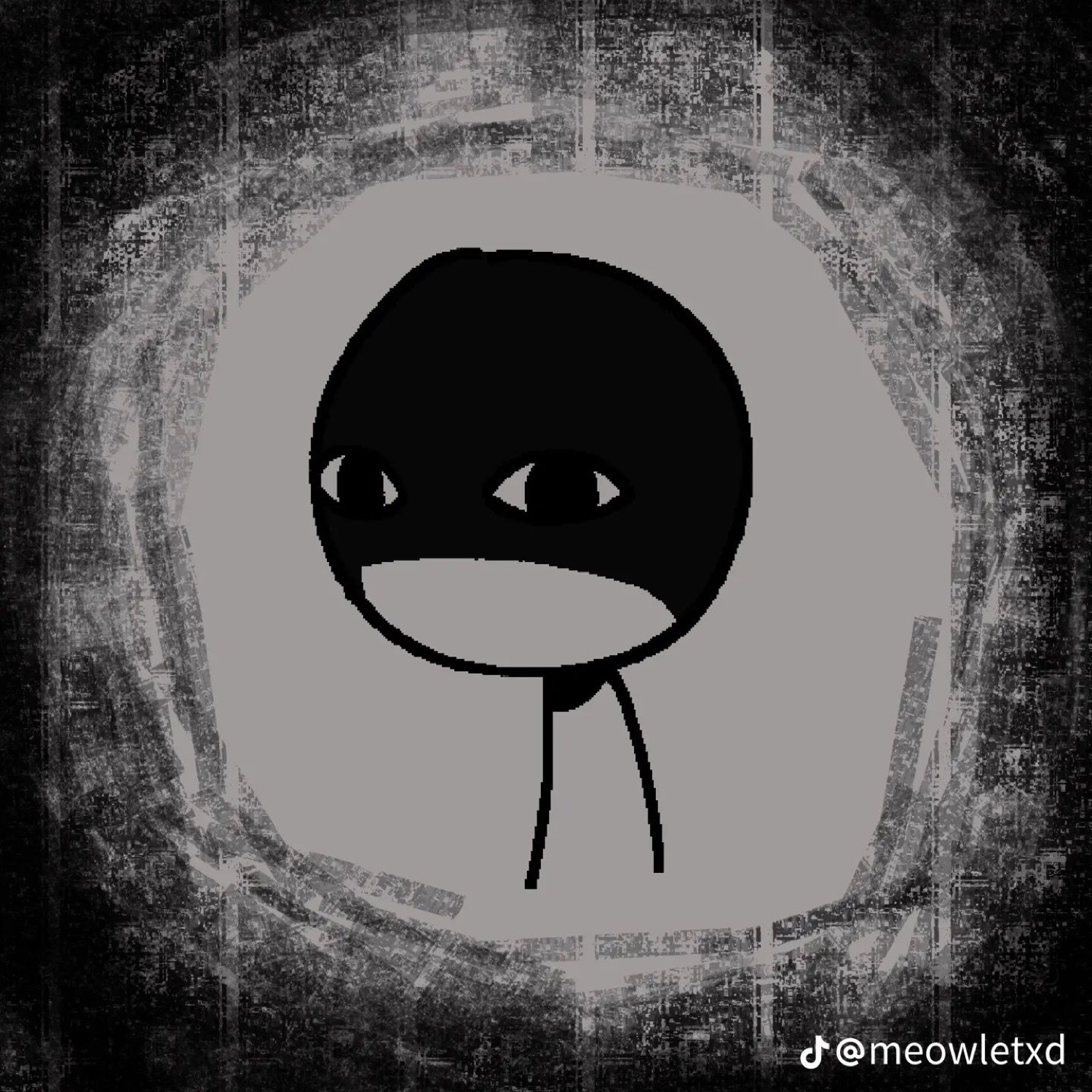 Crude black doodle figure with a blank stare floating in a grungy grey void
