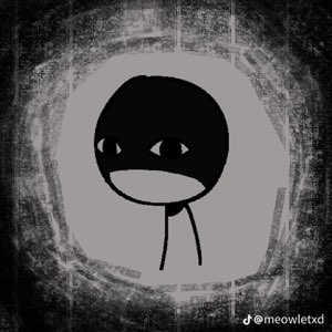 Crude black doodle figure with a blank stare floating in a grungy grey void