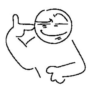 Crude doodle guy winking and pointing at his own head with a smug grin