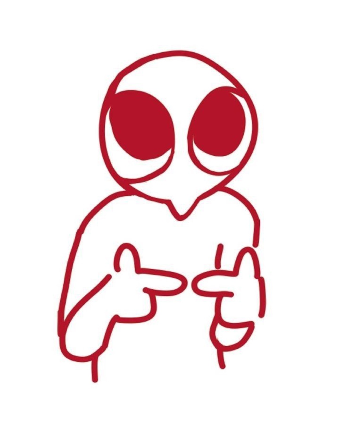 Minimalist red line-drawing figure with big eyes making finger guns at the viewer
