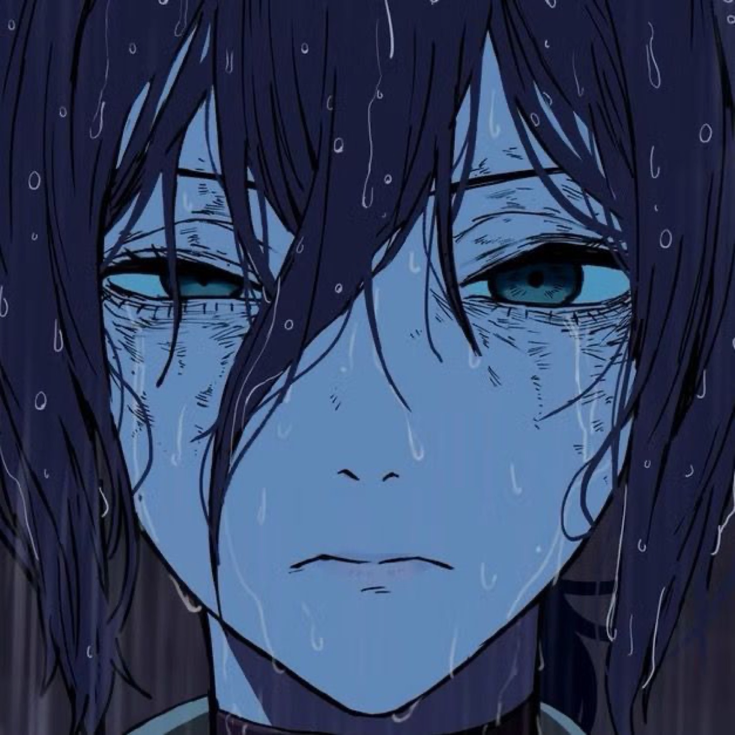Dark-haired anime character soaked in rain looking utterly devastated