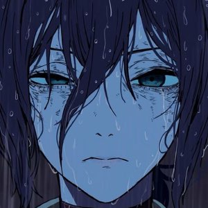 Dark-haired anime character soaked in rain looking utterly devastated