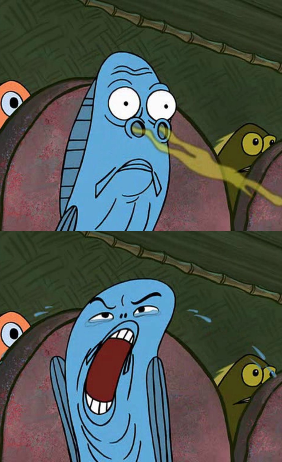 Two panels: fish sniffing the stink, then screaming