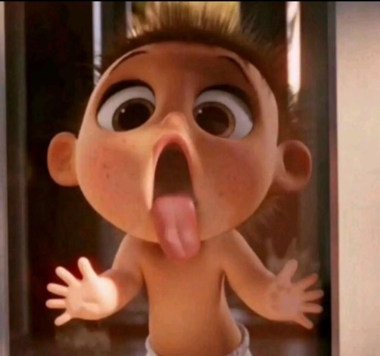 Cartoon boy pressing his face and tongue against glass