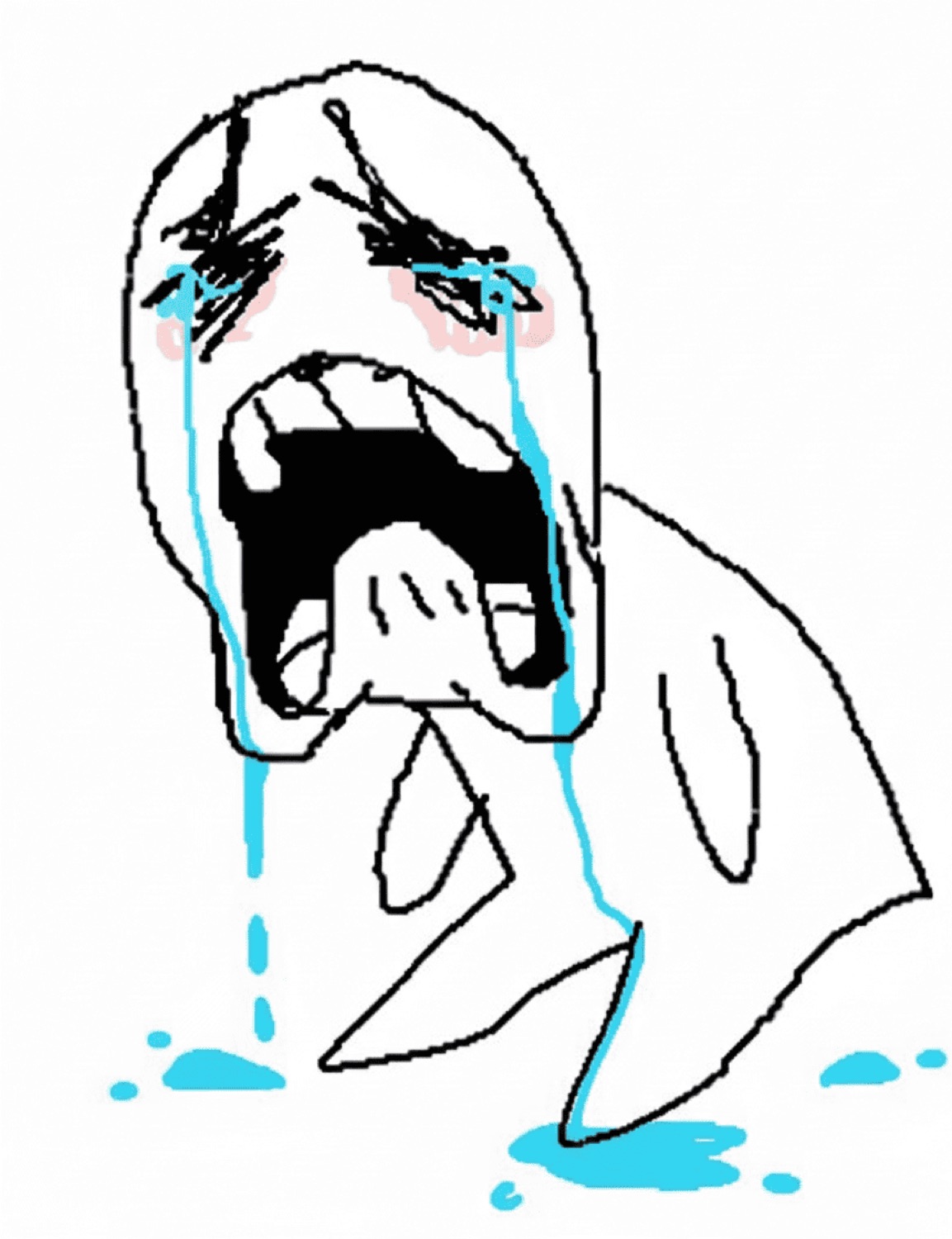 Ugly crying cartoon blob with tears streaming down, totally losing it
