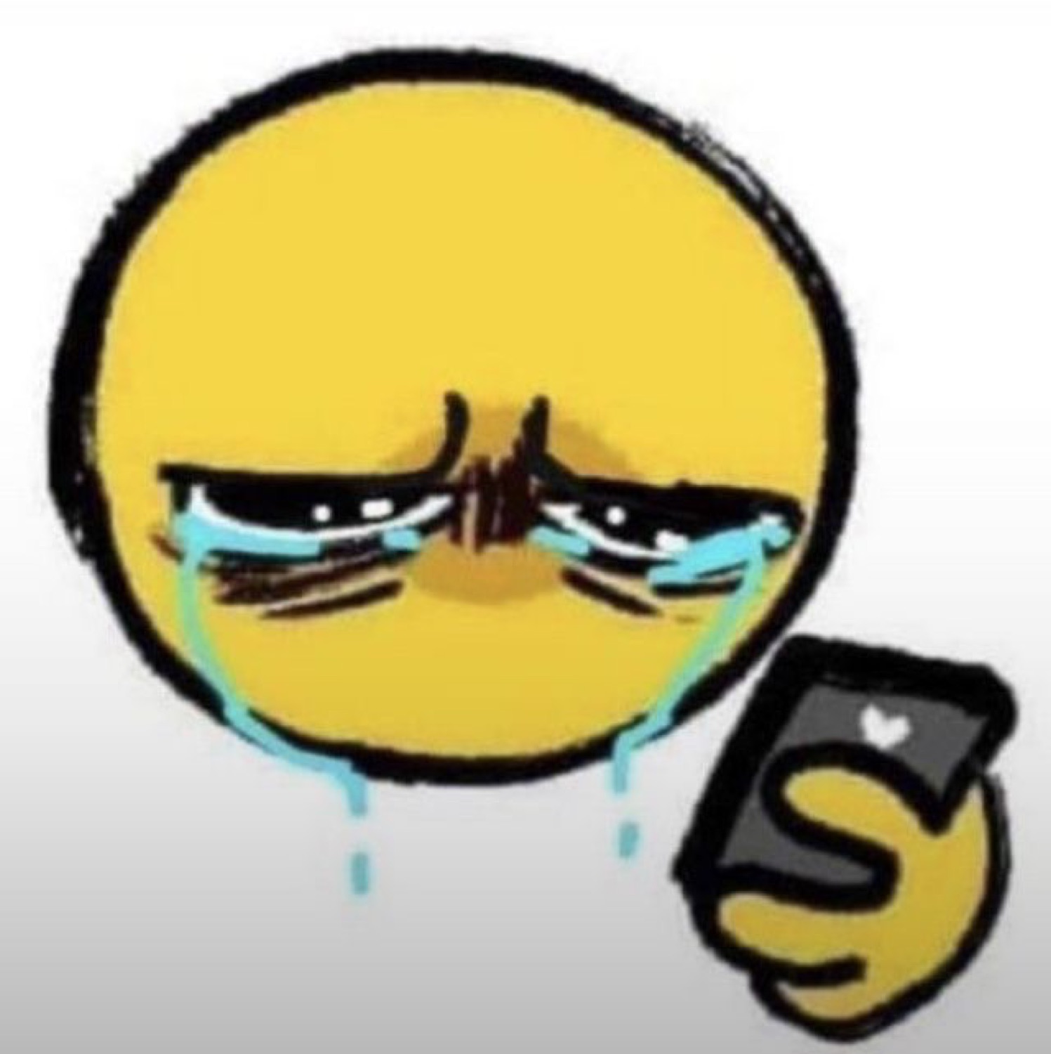 Yellow emoji face crying hard while holding a phone, tears streaming down