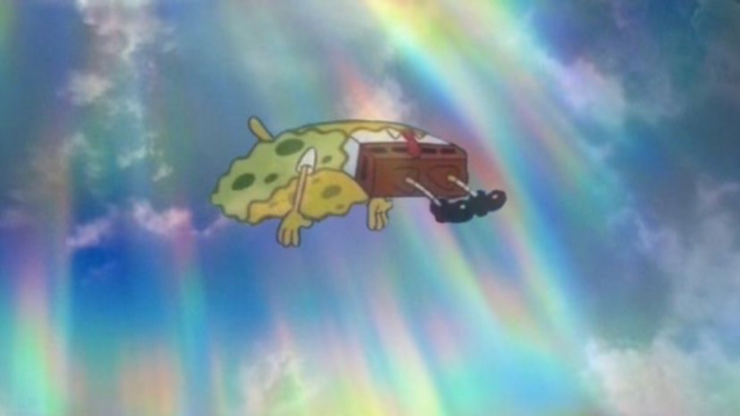 SpongeBob ascending into a rainbow sky