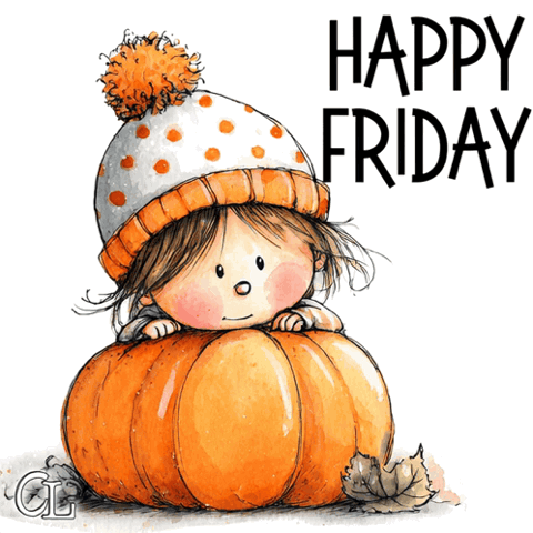Cartoon girl in a polka dot hat sitting on a pumpkin, "Happy Friday"