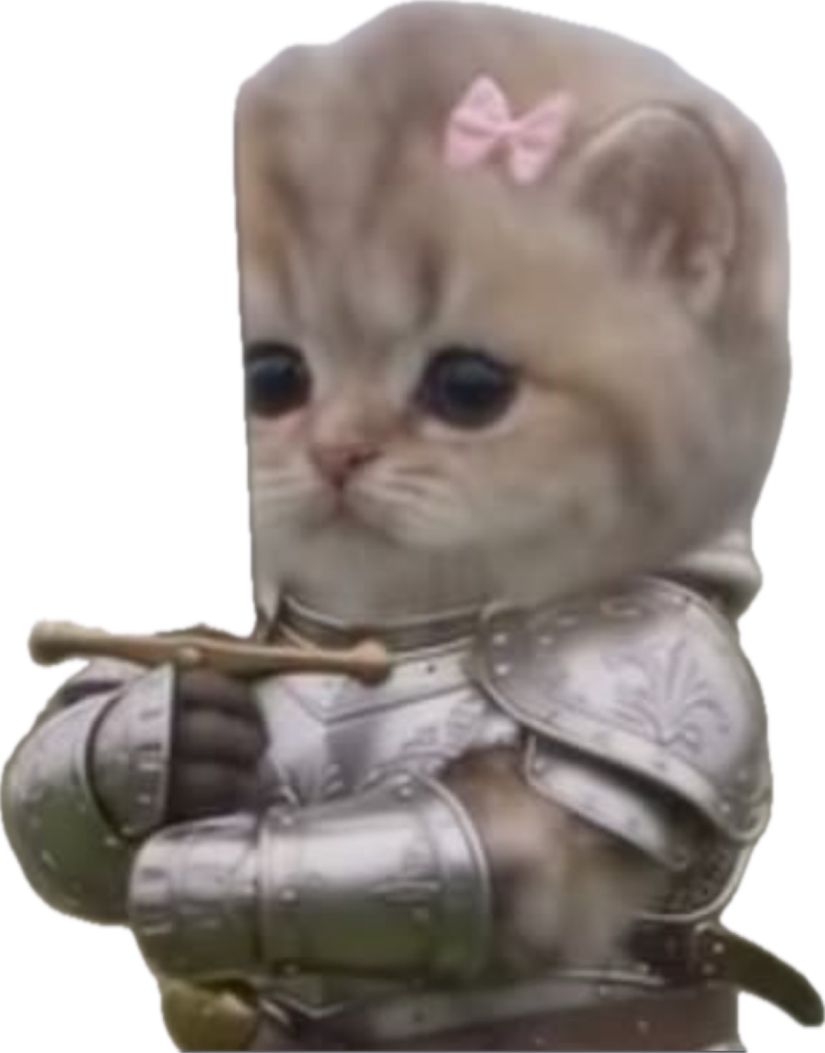Knight kitten in armor with a pink bow, pouting with big sad eyes and holding a tiny sword