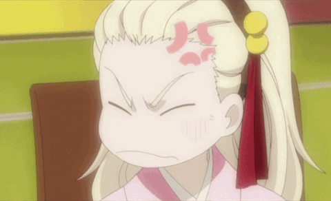 Anime girl with blonde hair squeezing her eyes shut in irritation