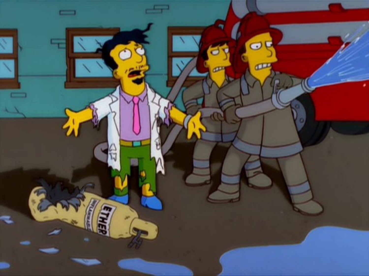Simpsons scientist soaking wet, arms spread, while firefighters hose him down next to an ether bottle