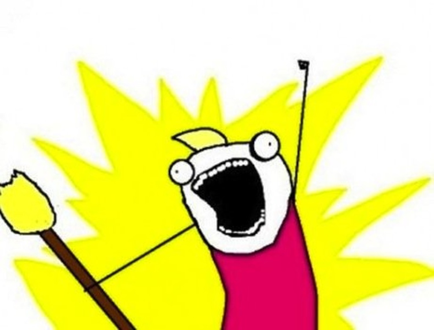 X All The Things meme character screaming with arms raised on a yellow burst background