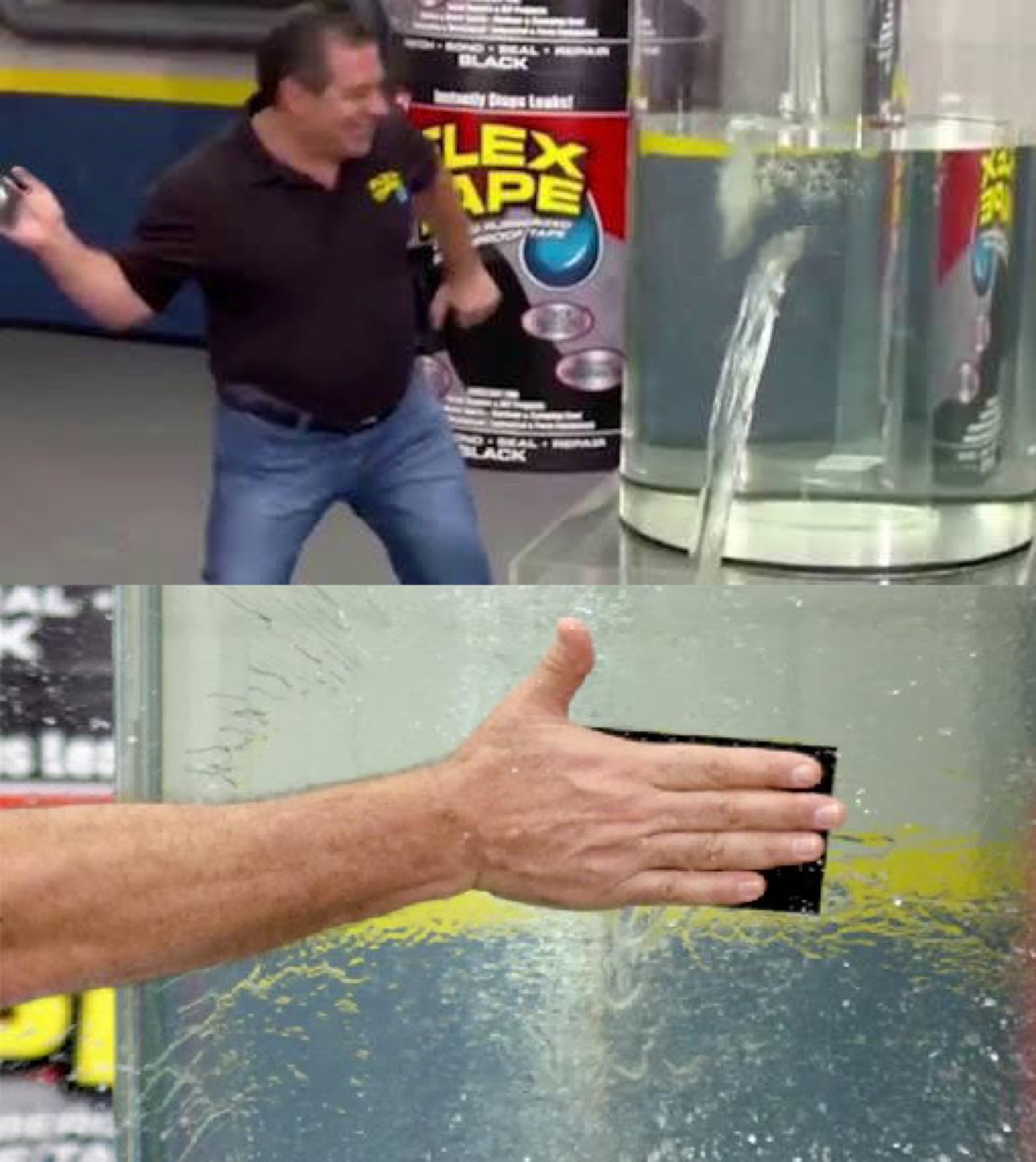Flex Tape infomercial guy grinning by a water tank while a hand seals a leak