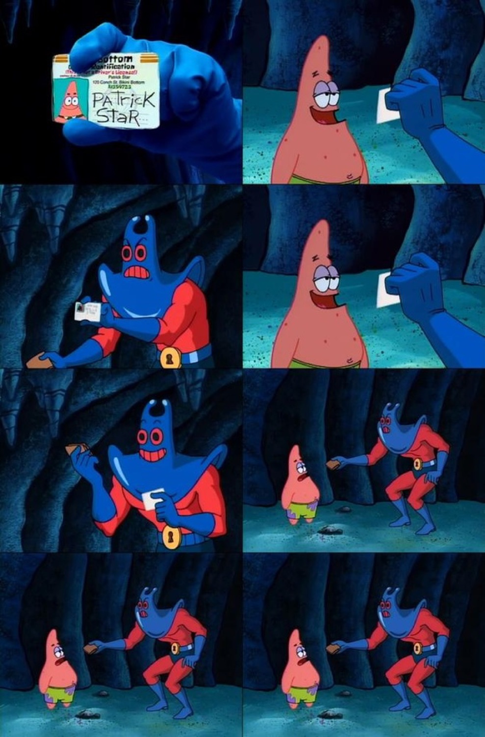 Patrick Star's ID card revealed in a multi-panel SpongeBob comic strip with a villain