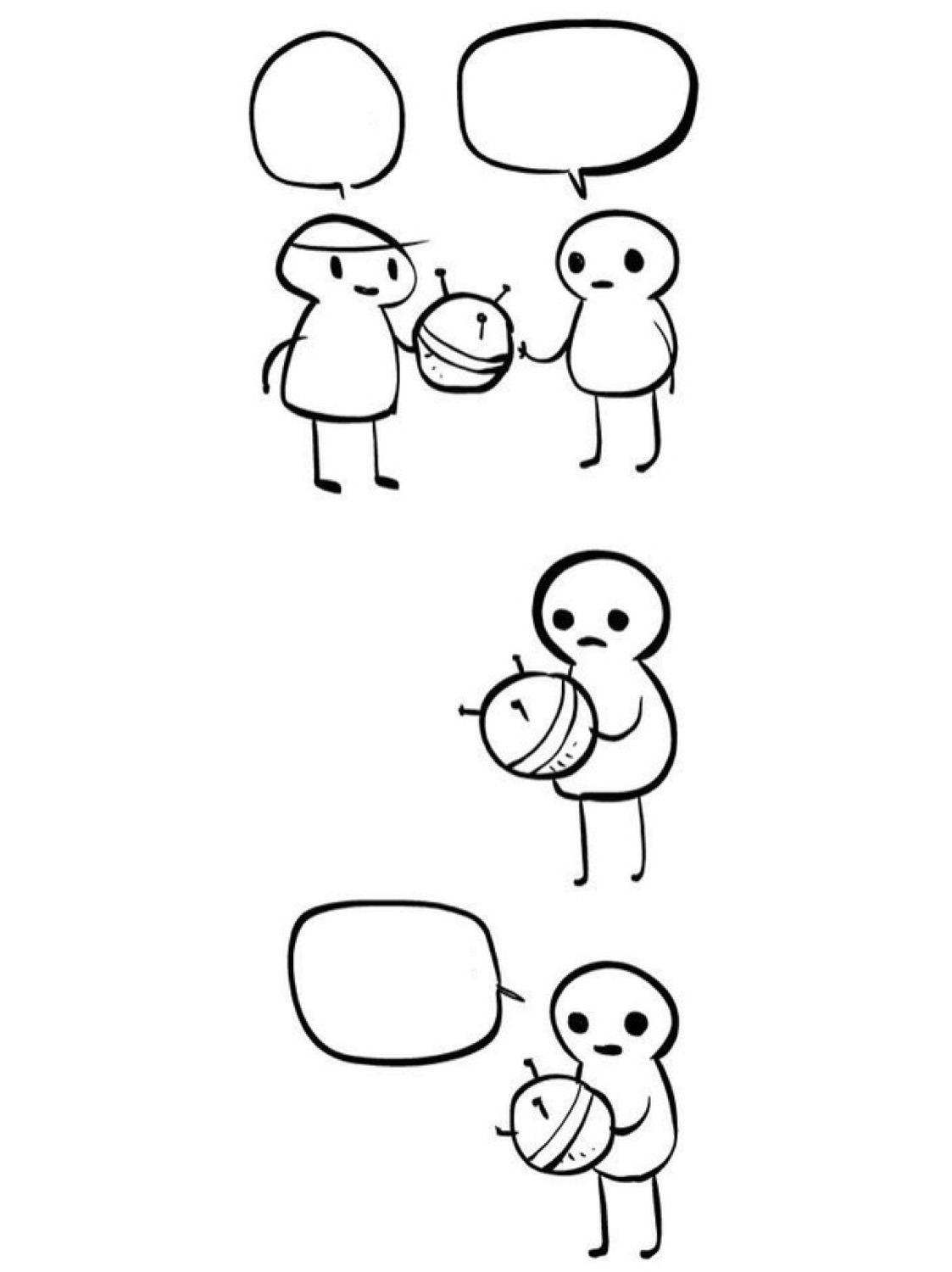 Three-panel doodle of a stick figure handed a bug and left standing there, dejected and speechless