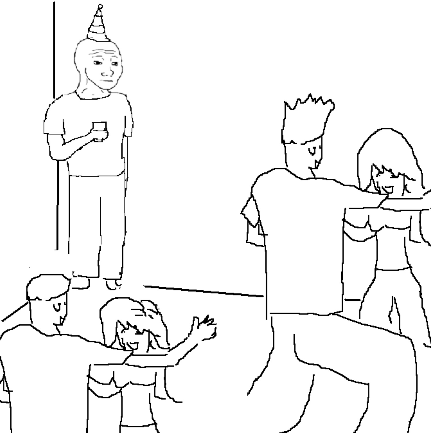 Party-hat wojak standing alone with a drink while everyone else dances