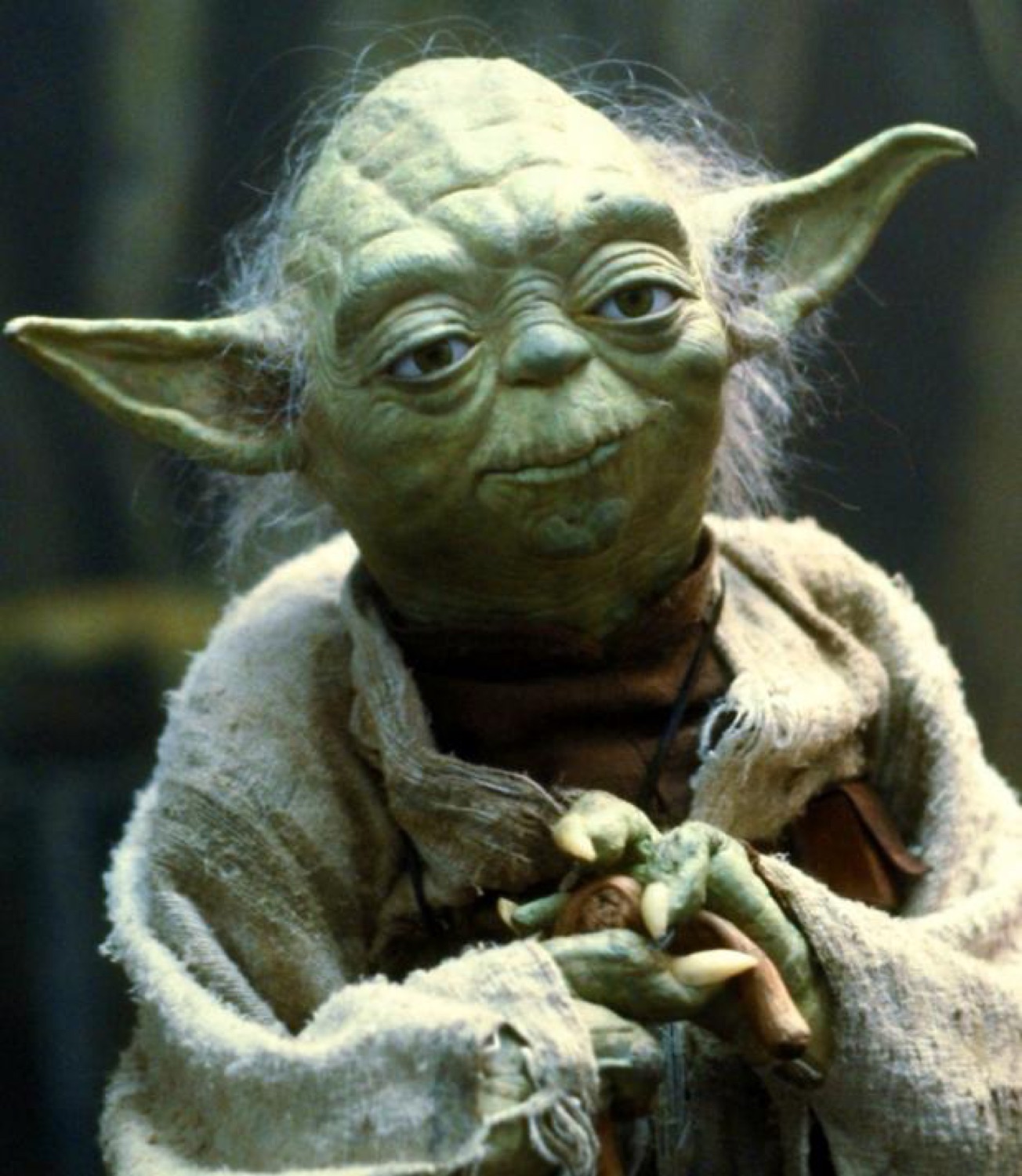 Yoda clutching his cane with a small knowing smile and thoughtful gaze