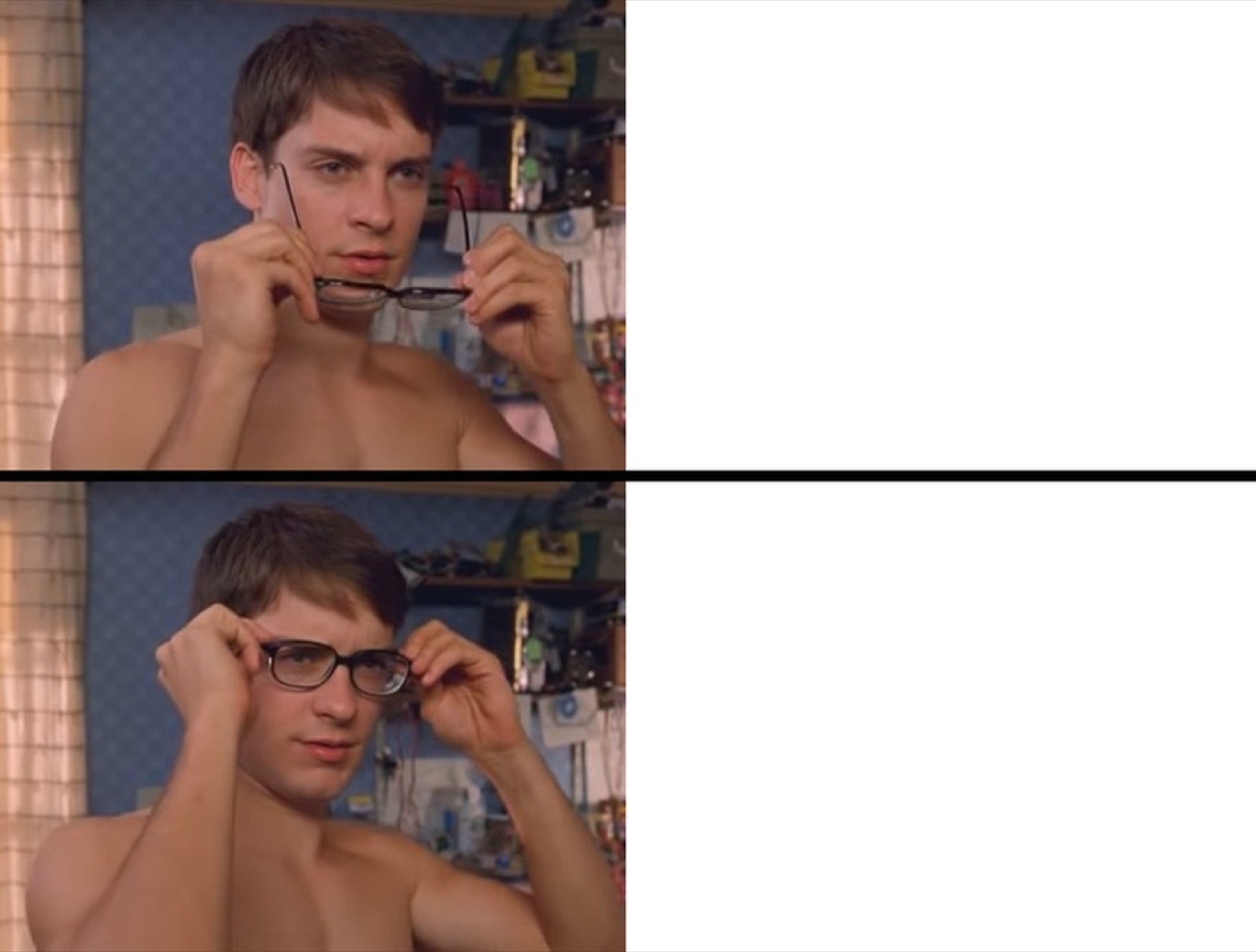 Peter Parker putting on glasses in two panels, a classic blank meme template
