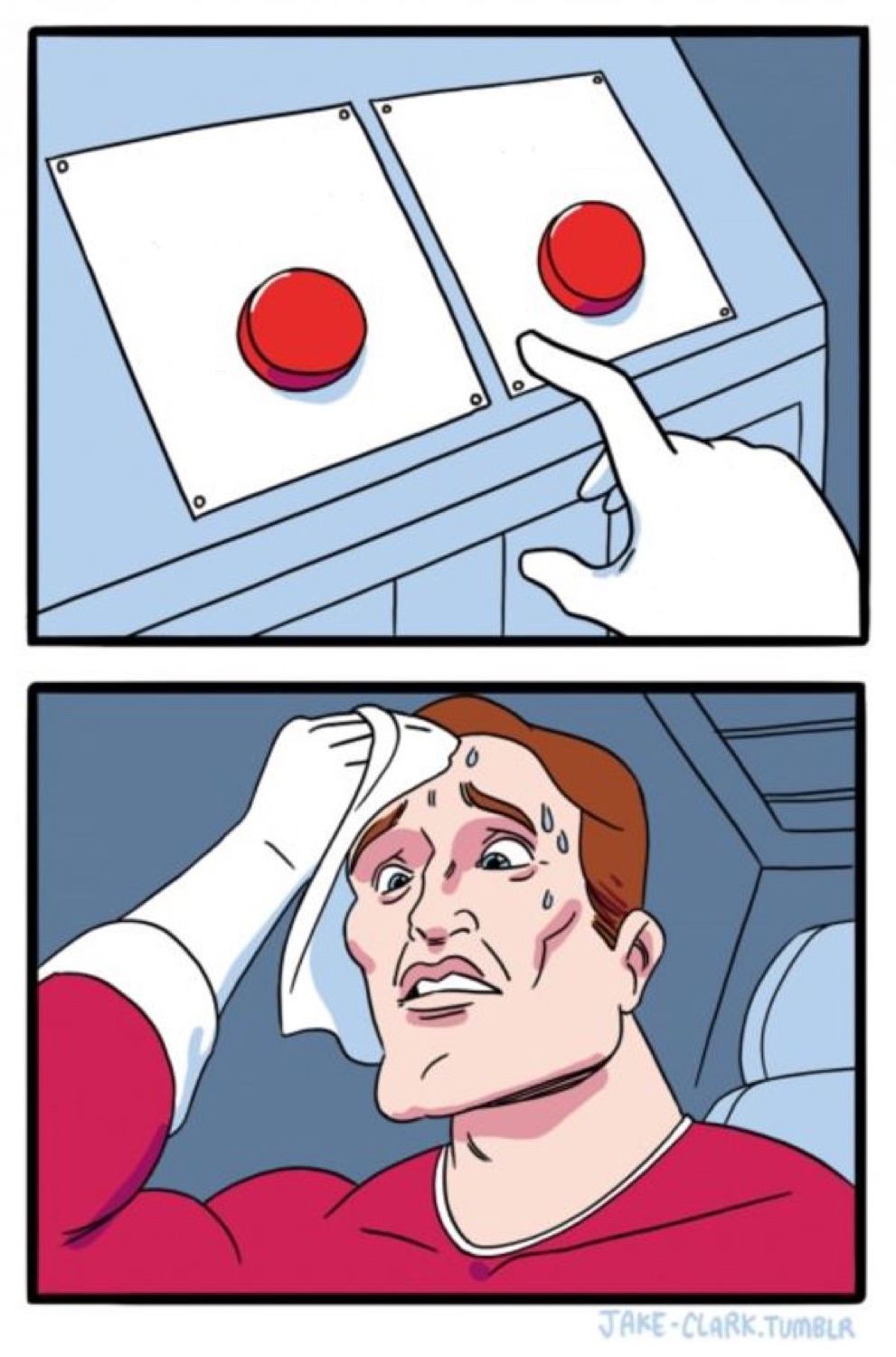 Sweating cartoon guy agonizing over which of two red buttons to press