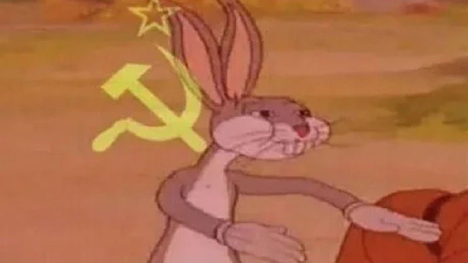 Bugs Bunny posing confidently in front of a glowing Soviet hammer and sickle symbol
