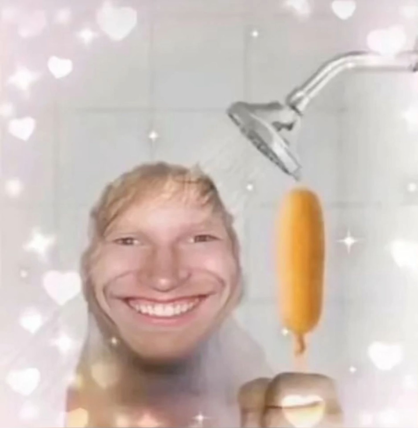 Ed Sheeran's face edited into a sparkly shower with a corn dog