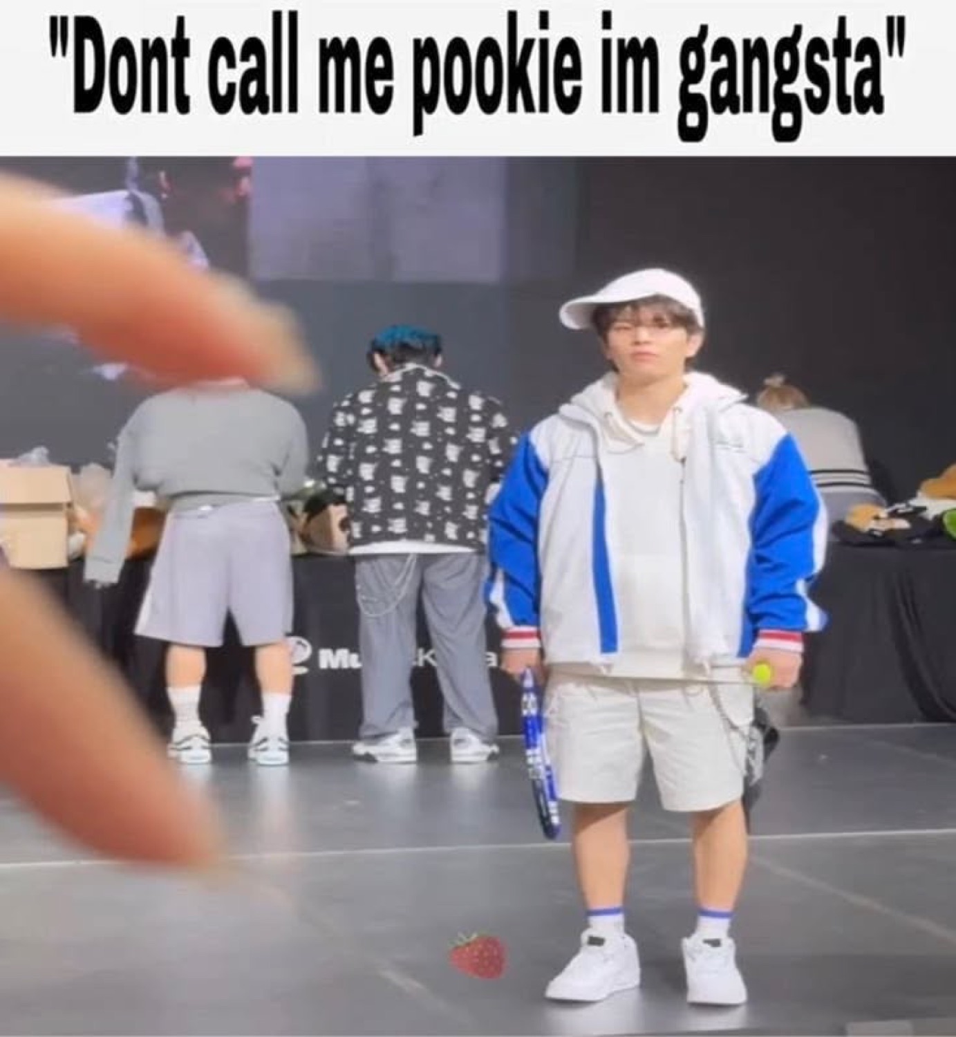 Guy standing stiffly in a varsity jacket captioned 'Dont call me pookie im gangsta'