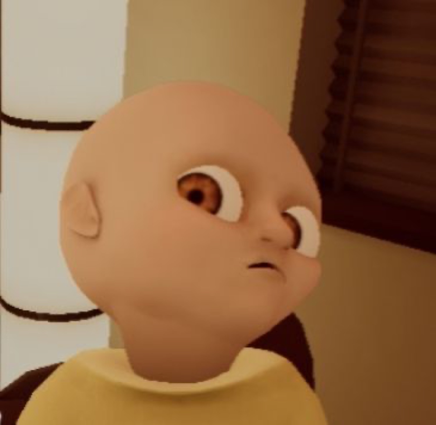 3D-animated bald baby character glancing sideways with a skeptical look