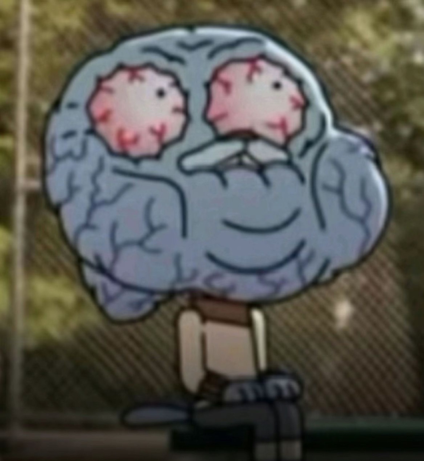 Cartoon character with a giant muscular brain for a head sitting on a bench