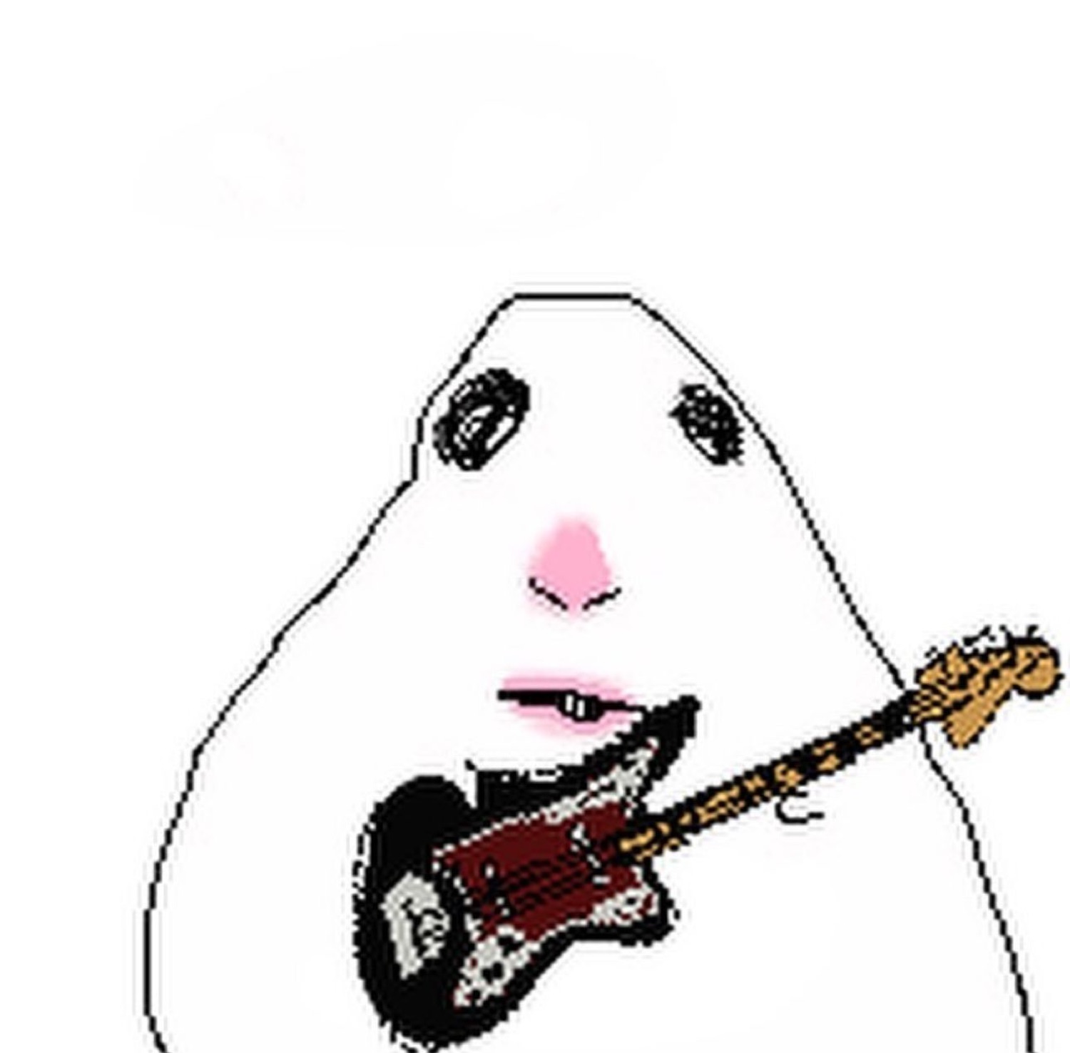 White blob cartoon holding a guitar in its mouth with a deadpan face